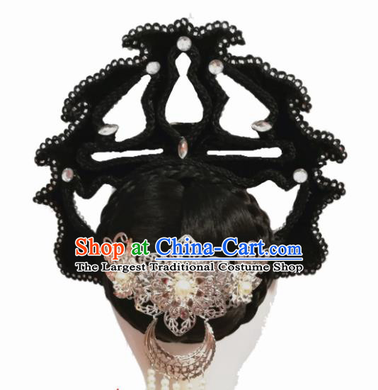 Traditional Chinese Classical Dance Dian Jiang Chun Hair Accessories Fan Dance Wig Chignon Headdress for Women