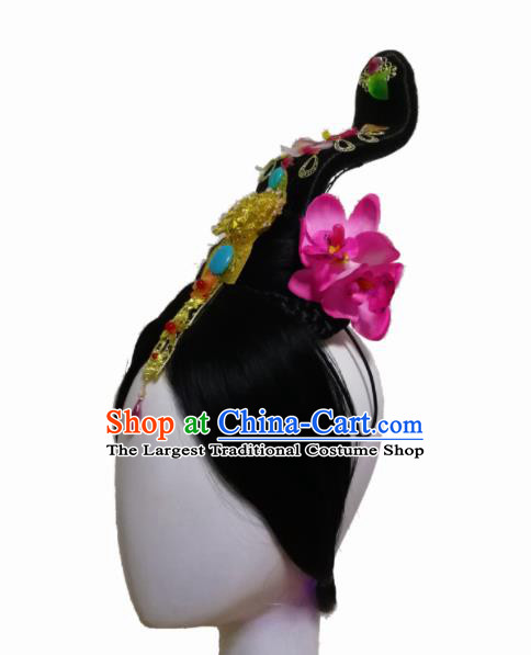 Traditional Chinese Classical Dance Wang Zhaojun Hair Accessories Fan Dance Wig Chignon Headdress for Women