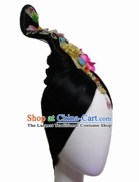 Traditional Chinese Classical Dance Wang Zhaojun Hair Accessories Fan Dance Wig Chignon Headdress for Women