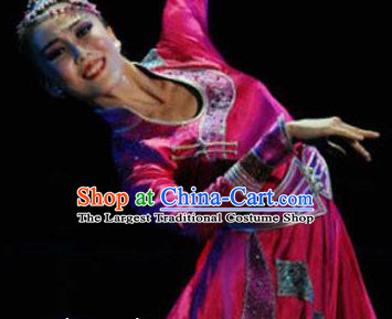 Chinese Traditional Mongol Ethnic Dance Rosy Dress Mongolian Nationality Dance Costume for Women