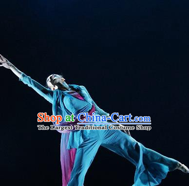 Chinese Traditional Classical Dance Fan Dance Blue Outfits Group Dance Costume for Women