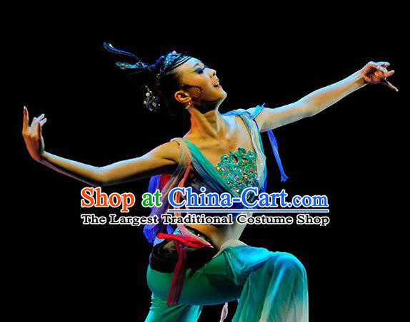 Chinese Traditional Classical Dance Dunhuang Flying Dance Blue Outfits Group Dance Costume for Women