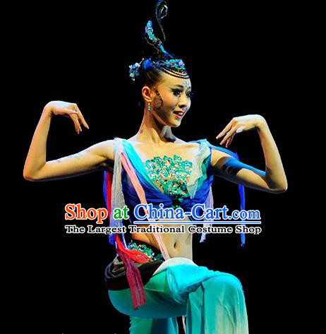 Chinese Traditional Classical Dance Dunhuang Flying Dance Blue Outfits Group Dance Costume for Women