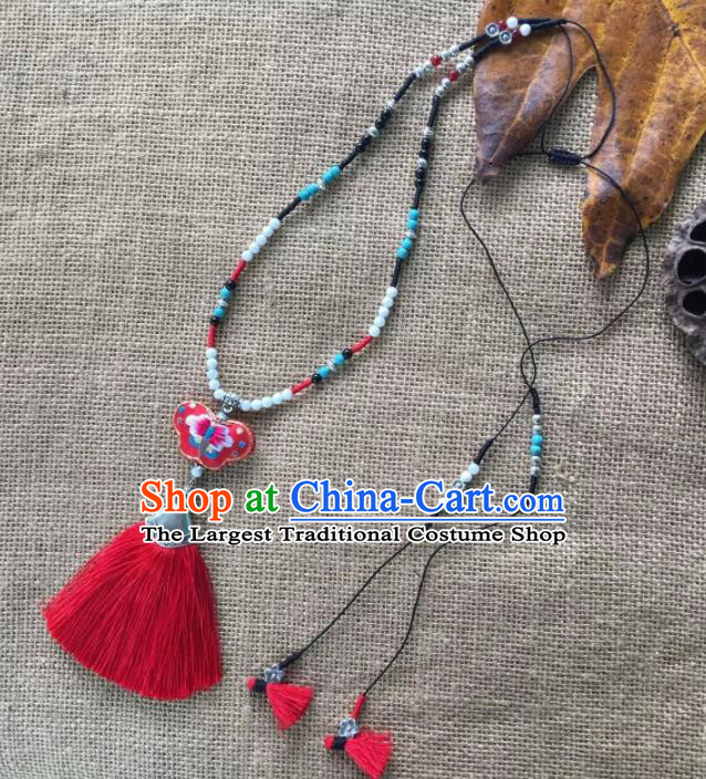 Chinese Traditional Ethnic Red Embroidered Necklace Accessories Nationality Tassel Necklet for Women
