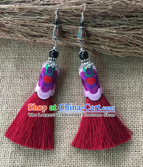 Chinese Traditional Ethnic Embroidered Ear Accessories Miao Nationality Wine Red Tassel Earrings for Women