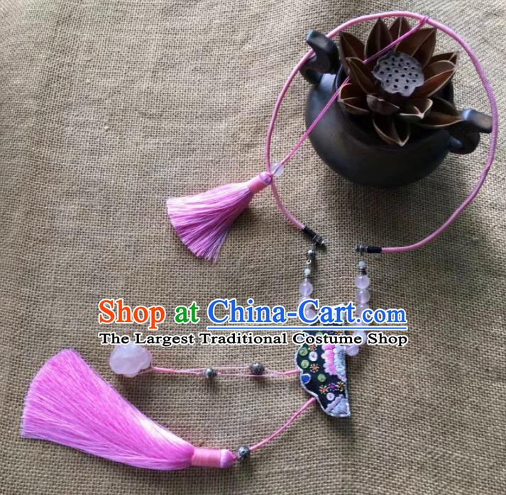 Chinese Traditional Ethnic Embroidered Necklace Accessories Nationality Pink Tassel Necklet for Women