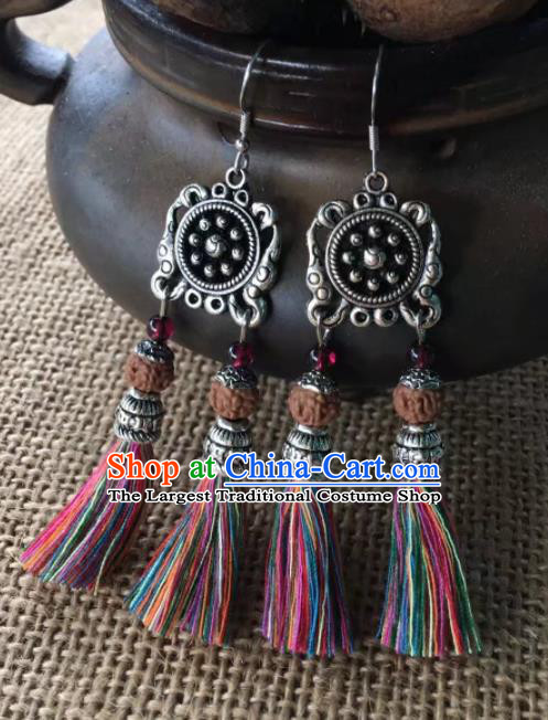 Chinese Traditional Ethnic Wool Yarn Tassel Ear Accessories Miao Nationality Silver Earrings for Women