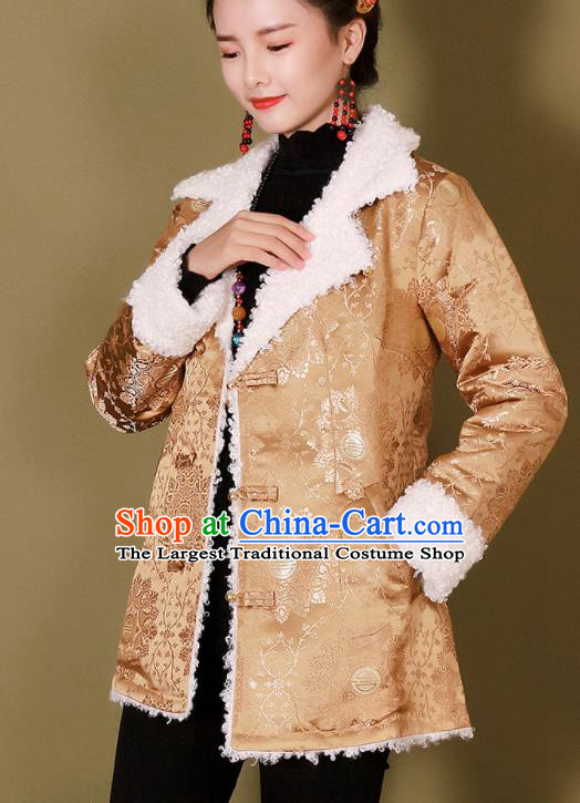 Traditional Chinese Zang Ethnic Golden Cotton Wadded Jacket Tibetan Minority Costume for Women