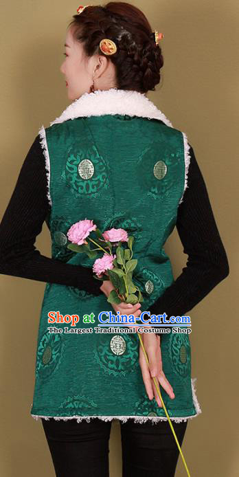 Traditional Chinese Zang Ethnic Winter Green Vest Tibetan Minority Upper Outer Garment Costume for Women