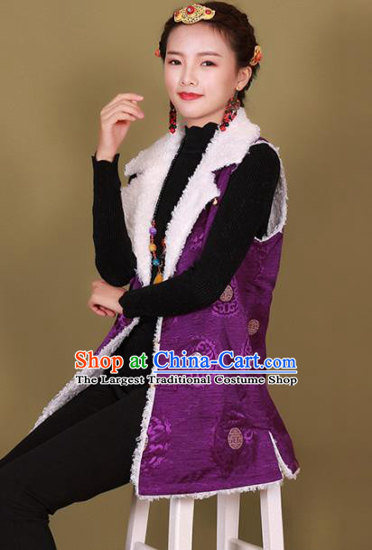 Traditional Chinese Zang Ethnic Winter Purple Vest Tibetan Minority Upper Outer Garment Costume for Women