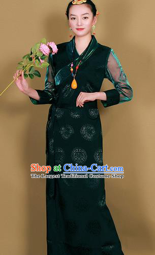 Traditional Chinese Zang Ethnic Atrovirens Heishui Dress Tibetan Minority Folk Dance Costume for Women