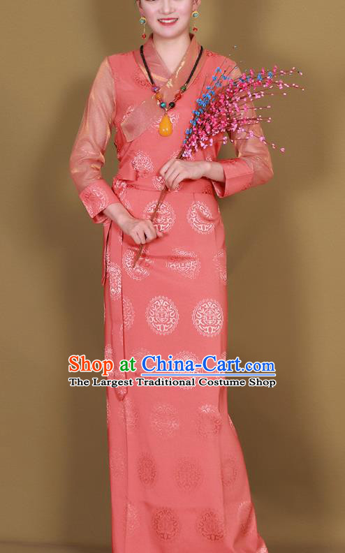 Traditional Chinese Zang Ethnic Pink Heishui Dress Tibetan Minority Folk Dance Costume for Women