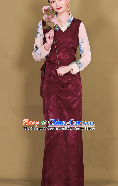 Traditional Chinese Zang Ethnic Wine Red Guozhuang Dress Tibetan Minority Folk Dance Costume for Women