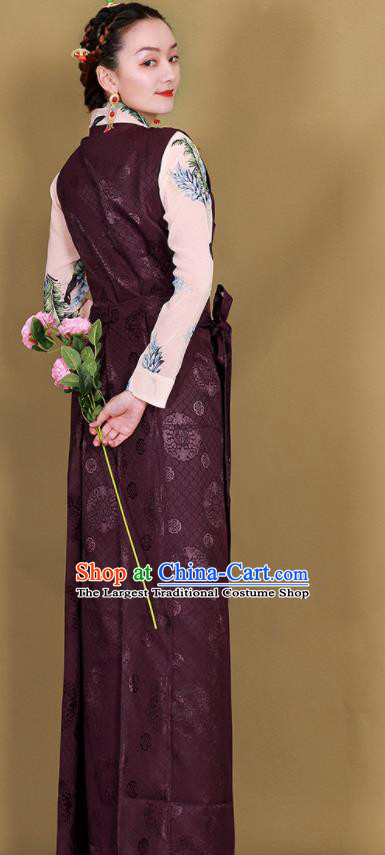 Traditional Chinese Zang Ethnic Deep Purple Guozhuang Dress Tibetan Minority Folk Dance Costume for Women