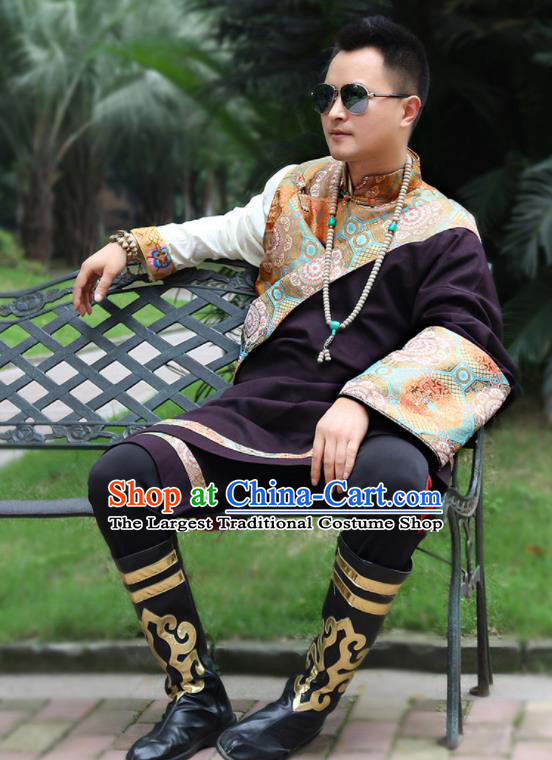 Chinese Traditional Ethnic Wine Red Tibetan Robe Zang Nationality Costume for Men