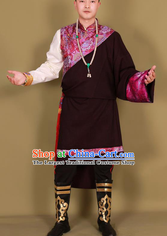 Chinese Traditional Ethnic Deep Purple Tibetan Robe Zang Nationality Costume for Men