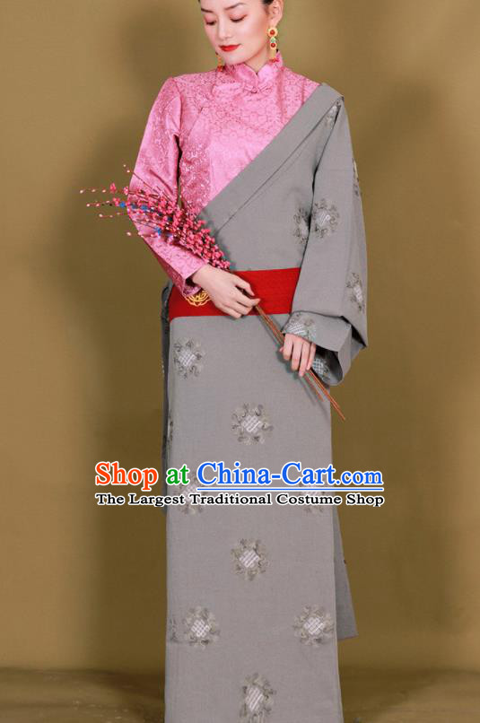 Traditional Chinese Zang Ethnic Grey Guozhuang Dress Tibetan Minority Folk Dance Costume for Women