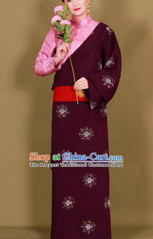 Traditional Chinese Zang Ethnic Purplish Red Guozhuang Dress Tibetan Minority Folk Dance Costume for Women