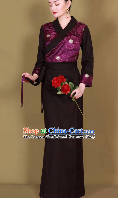 Traditional Chinese Zang Ethnic Kangba Purple Dress Tibetan Minority Folk Dance Costume for Women