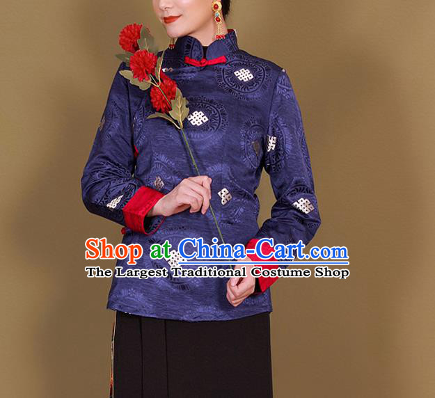 Traditional Chinese Zang Ethnic Royalblue Shirt Tibetan Minority Upper Outer Garment Costume for Women