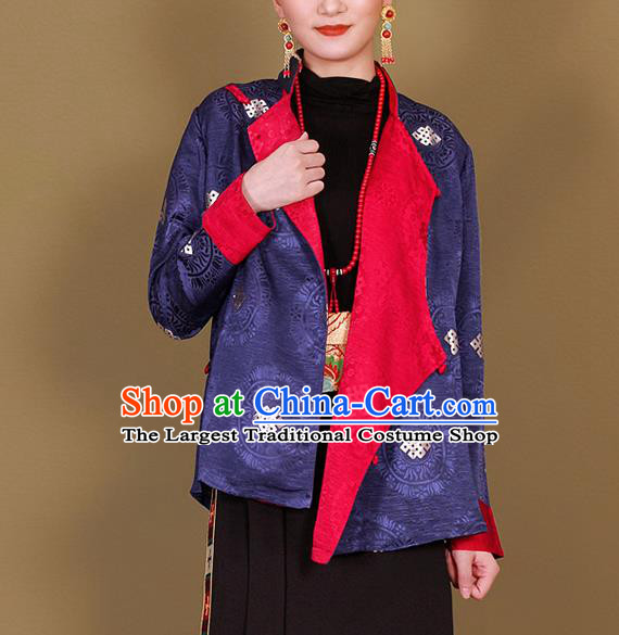 Traditional Chinese Zang Ethnic Royalblue Shirt Tibetan Minority Upper Outer Garment Costume for Women
