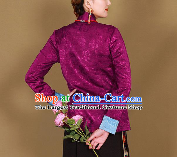 Traditional Chinese Zang Ethnic Purple Shirt Tibetan Minority Upper Outer Garment Costume for Women