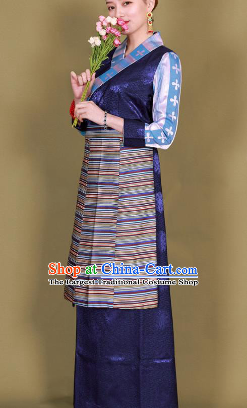 Traditional Chinese Zang Ethnic Kangba Navy Silk Dress Tibetan Minority Folk Dance Costume for Women