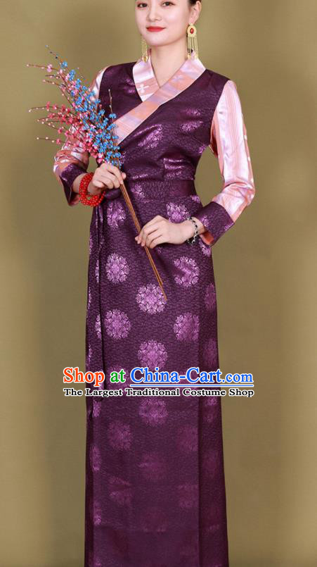 Traditional Chinese Zang Ethnic Kangba Purple Silk Dress Tibetan Minority Folk Dance Costume for Women