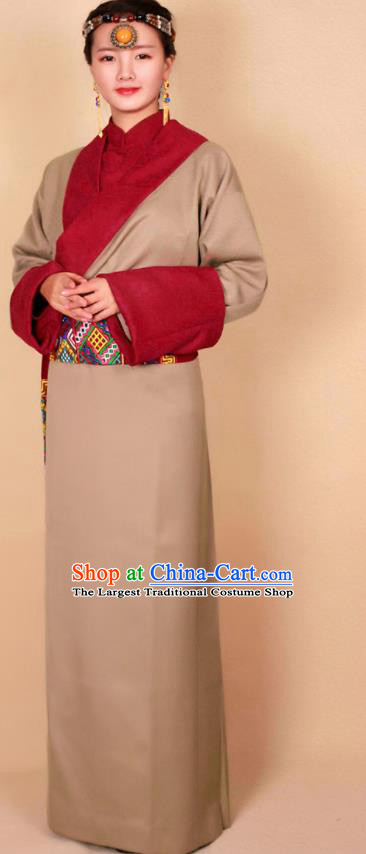 Traditional Chinese Zang Ethnic Guozhuang Khaki Robe Tibetan Minority Folk Dance Costume for Women