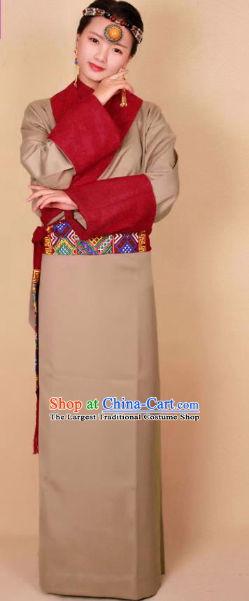Traditional Chinese Zang Ethnic Guozhuang Khaki Robe Tibetan Minority Folk Dance Costume for Women