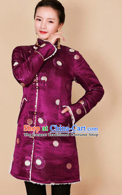 Traditional Chinese Zang Ethnic Purple Cotton Padded Jacket Tibetan Minority Upper Outer Garment Winter Costume for Women