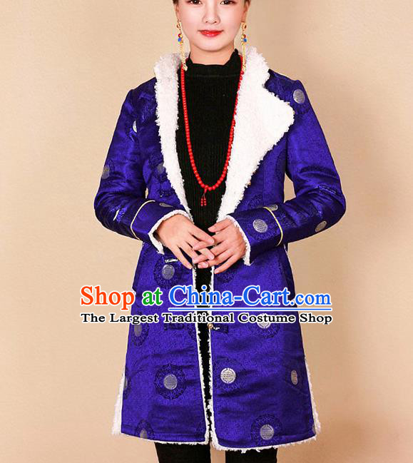 Traditional Chinese Zang Ethnic Royalblue Cotton Padded Jacket Tibetan Minority Upper Outer Garment Winter Costume for Women