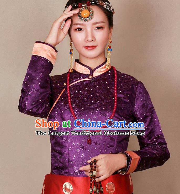 Traditional Chinese Zang Ethnic Purple Blouse Tibetan Minority Upper Outer Garment Costume for Women