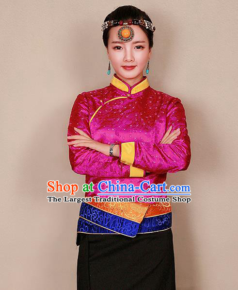 Traditional Chinese Zang Ethnic Rosy Blouse Tibetan Minority Upper Outer Garment Costume for Women
