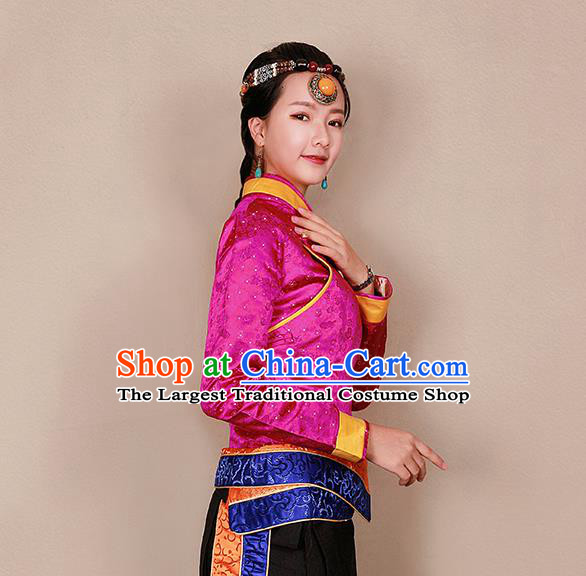 Traditional Chinese Zang Ethnic Rosy Blouse Tibetan Minority Upper Outer Garment Costume for Women