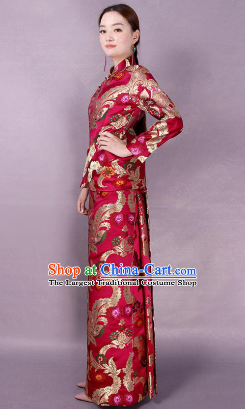 Traditional Chinese Zang Ethnic Folk Dance Red Robe Tibetan Minority Wedding Costume for Women