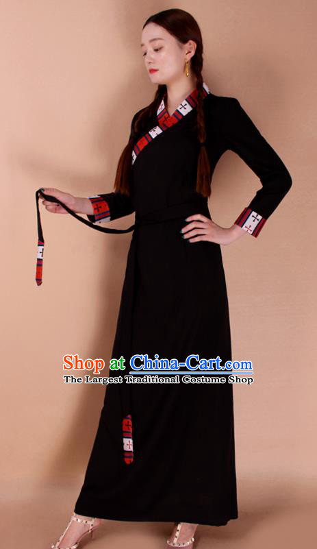 Traditional Chinese Zang Ethnic Black Dress Tibetan Minority Folk Dance Costume for Women