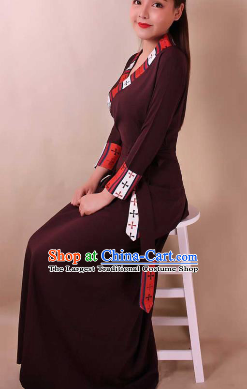 Traditional Chinese Zang Ethnic Purplish Red Dress Tibetan Minority Folk Dance Costume for Women