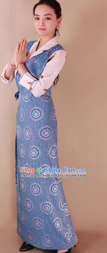 Traditional Chinese Zang Ethnic Blue Silk Dress Tibetan Minority Folk Dance Costume for Women