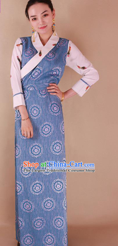 Traditional Chinese Zang Ethnic Blue Silk Dress Tibetan Minority Folk Dance Costume for Women