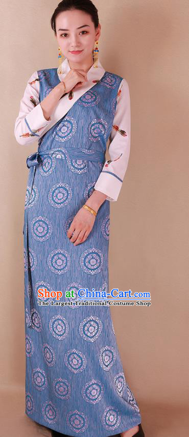 Traditional Chinese Zang Ethnic Blue Silk Dress Tibetan Minority Folk Dance Costume for Women