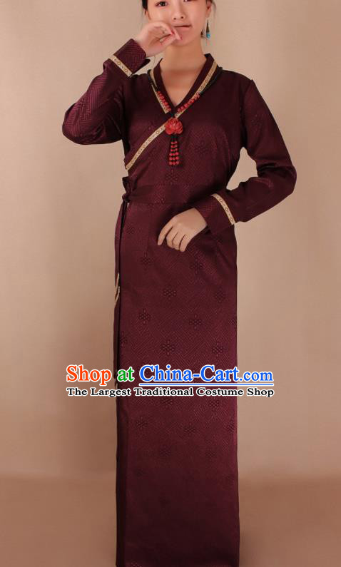 Traditional Chinese Zang Ethnic Dark Red Dress Tibetan Minority Folk Dance Costume for Women