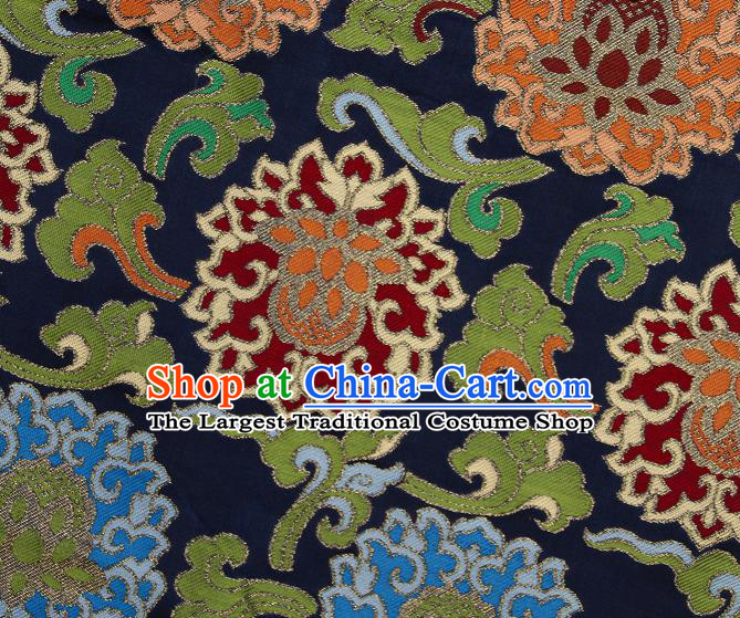 Asian Chinese Traditional Buddhism Auspicious Lotus Pattern Navy Brocade Tibetan Robe Satin Fabric Silk Material