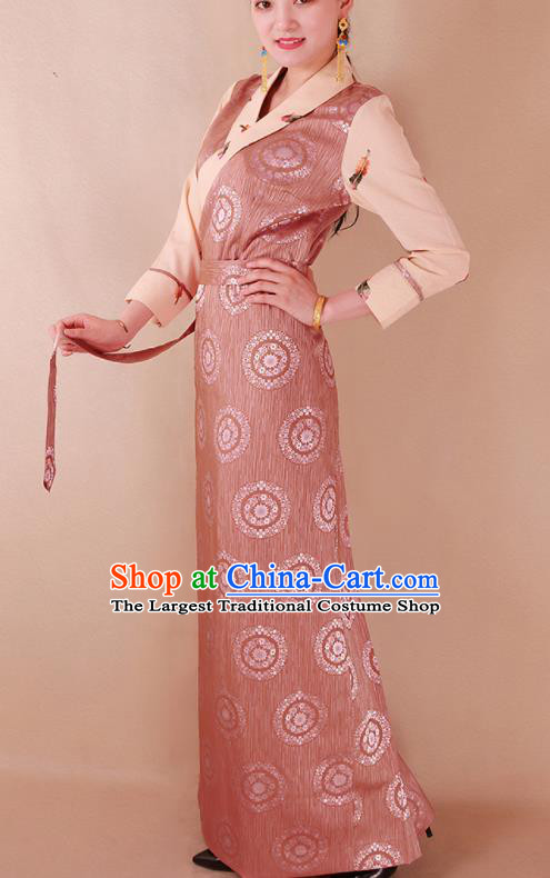 Traditional Chinese Zang Ethnic Pink Silk Dress Tibetan Minority Folk Dance Costume for Women