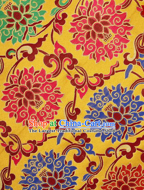 Asian Chinese Traditional Colorful Lotus Pattern Golden Brocade Tibetan Robe Satin Fabric Silk Material