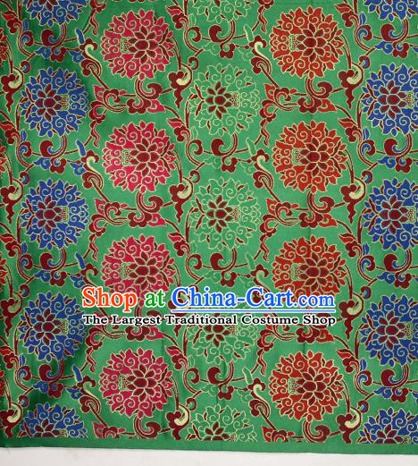 Asian Chinese Traditional Colorful Lotus Pattern Green Brocade Tibetan Robe Satin Fabric Silk Material