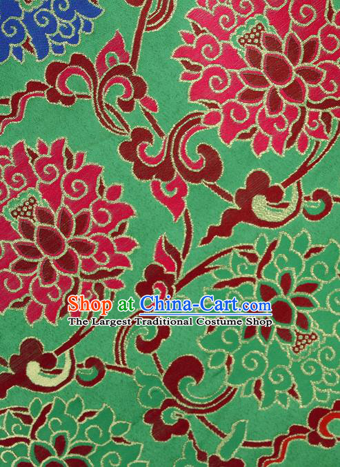 Asian Chinese Traditional Colorful Lotus Pattern Green Brocade Tibetan Robe Satin Fabric Silk Material