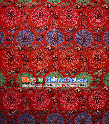 Asian Chinese Traditional Colorful Lotus Pattern Red Brocade Tibetan Robe Satin Fabric Silk Material