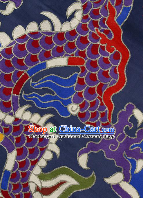 Asian Chinese Traditional Colorful Cloud Dragon Pattern Navy Brocade Tibetan Robe Satin Fabric Silk Material