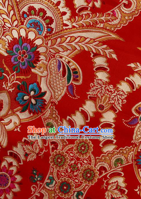 Asian Chinese Traditional Galsang Flower Pattern Red Brocade Tibetan Robe Satin Fabric Silk Material